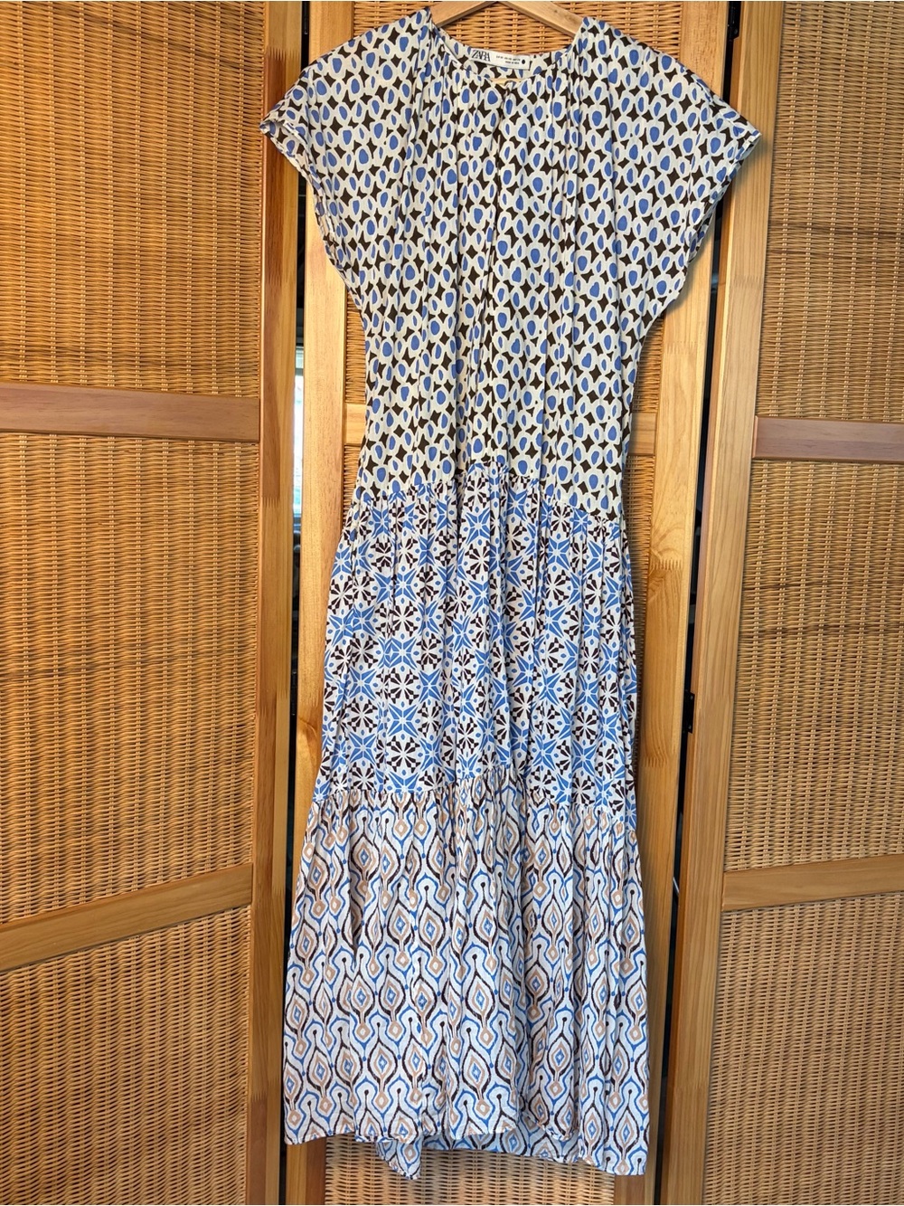 Zara Blue and White Mixed-Print Tiered Maxi Flowy Dress sz XS
